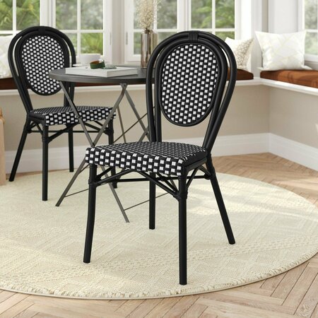 FLASH FURNITURE Lourdes Thonet French Bistro Stacking Chair, Black and White PE Rattan and Black Aluminum Frame SDA-AD642002S-BKWH-BK-GG